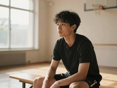 Tânăr sportiv concentrat, așezat pe o bancă într-o sală de sport scăldată în lumină caldă, cu o expresie reflexivă