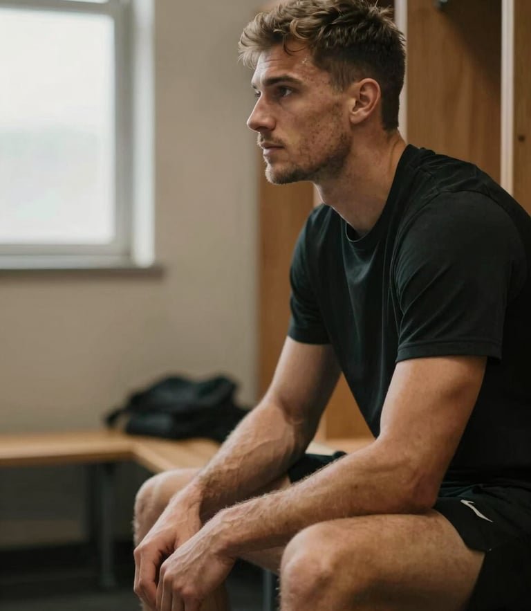 Sportiv profesionist concentrat, așezat pe o bancă într-un vestiar slab luminat, cu o lumină caldă pe profil, în timpul unei pregătiri mentale intense și calme