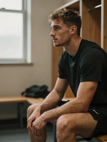 Sportiv profesionist concentrat, așezat pe o bancă într-un vestiar slab luminat, cu o lumină caldă pe profil, în timpul unei pregătiri mentale intense și calme
